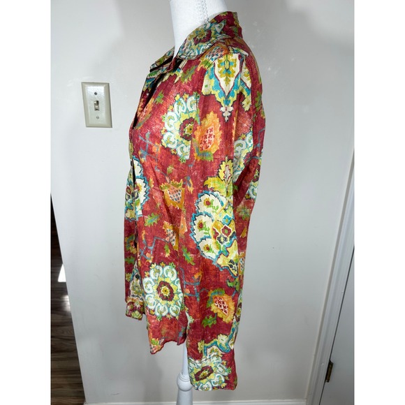 Cino Medallion Button Down Shirt Women's S Velvet Trim Red Crinkle Cotton BOHO - Picture 4 of 12